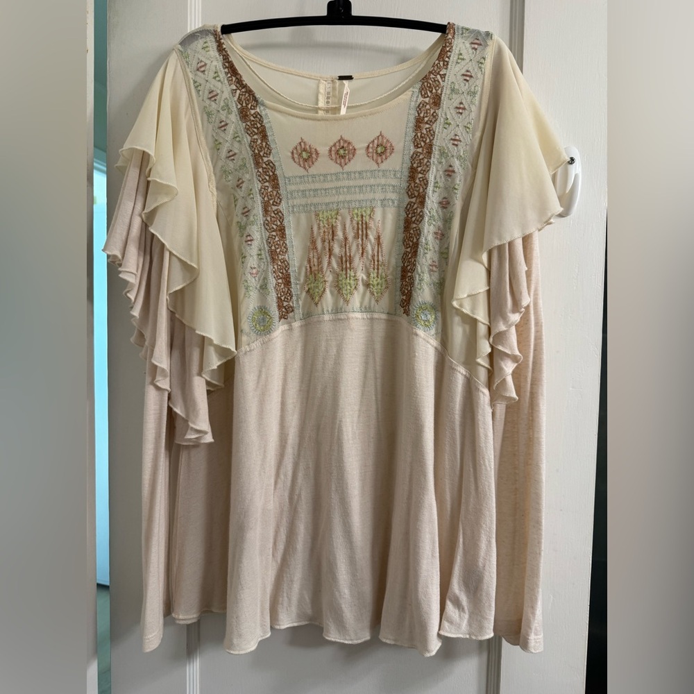 FREE PEOPLE La Cienega Cream Ruffle Top Boho Embroidered NWOT - Picture 4 of 6